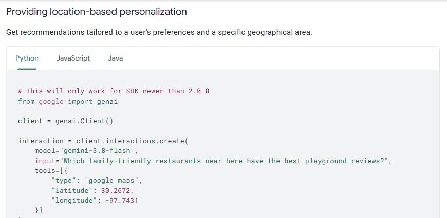 Gemini API documentation, use case headed "Providing location-based personalization", reading "Get recommendations tailored to a user's preferences and a specific geographical area", above a Python sample where the google_maps tool is passed a latitude of 30.2672 and a longitude of -97.7431