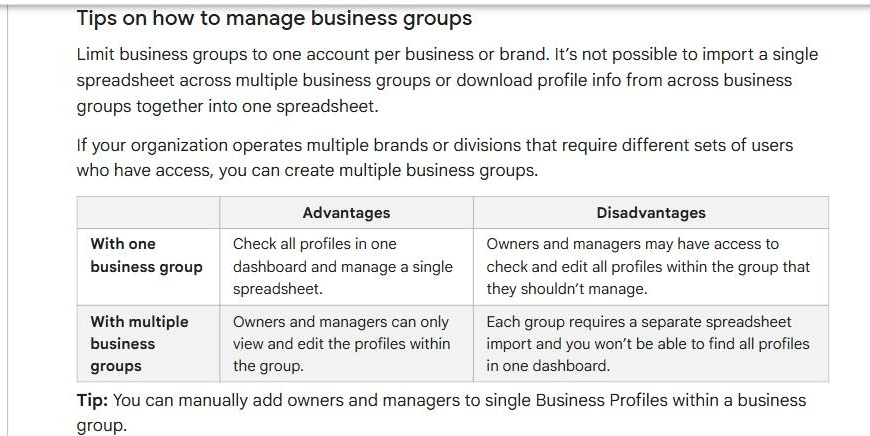 Google Business Profile help page section headed "Tips on how to manage business groups", with a table comparing one business group against multiple business groups on advantages and disadvantages, including that with multiple groups each requires a separate spreadsheet import and you cannot find all profiles in one dashboard