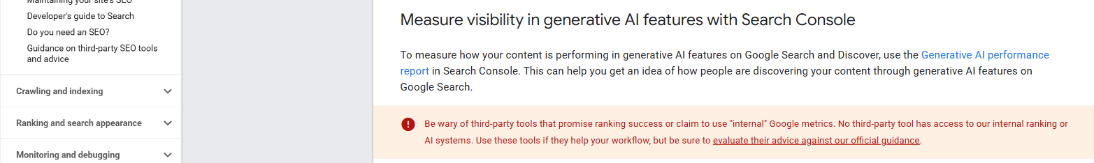 Google Search Central documentation open at the section headed "Measure visibility in generative AI features with Search Console", with a red warning box below the paragraph and the documentation navigation on the left listing guidance on third-party SEO tools