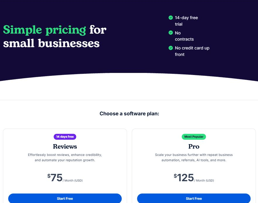 The NiceJob pricing page, headed Simple pricing for small businesses, listing a 14-day free trial, no contracts and no credit card up front, above two plans at 75 and 125 US dollars a month