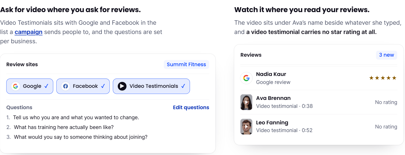 Two panels from the Cloutly site. On the left, a Review sites panel for a fictional gym with Google, Facebook and Video Testimonials all ticked, above three numbered questions and an Edit questions link. On the right, a Reviews list where a Google review shows five stars and two video testimonials show No rating
