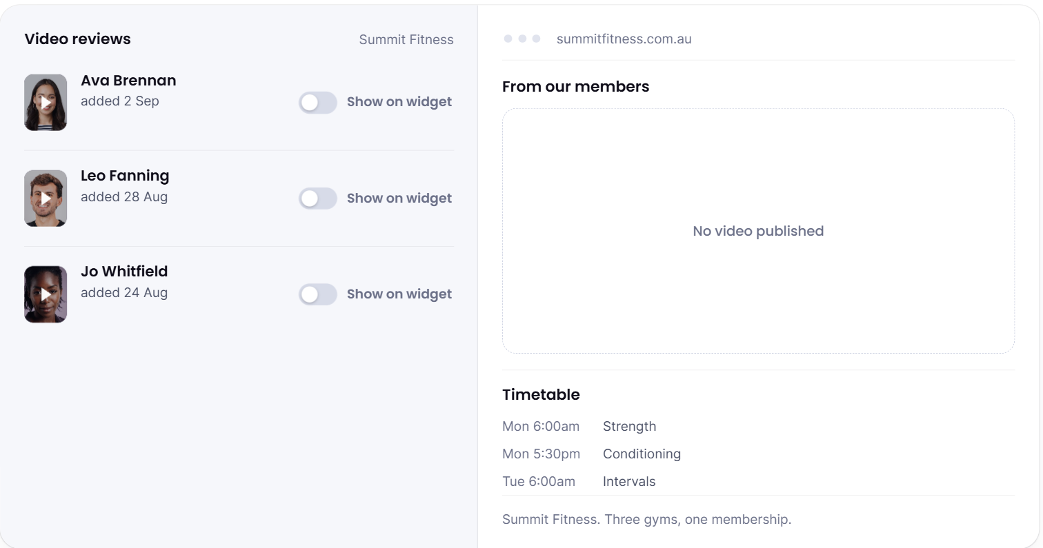 Two panels. On the left, a Video reviews list for a fictional gym with three customers, every one of them switched off. On the right, the gym's website showing an empty video area reading No video published