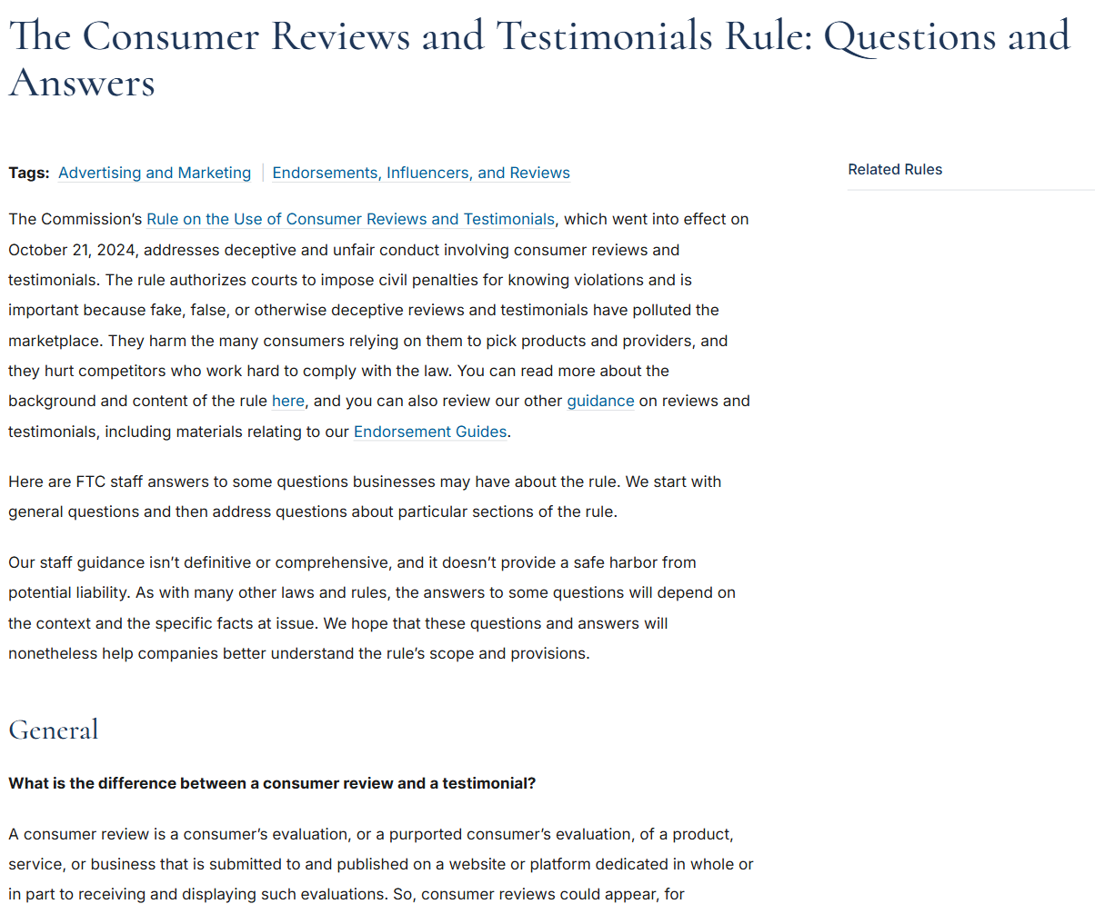 The FTC's Consumer Reviews and Testimonials Rule questions and answers page, showing the 21 October 2024 effective date and the rule's definition of a consumer review
