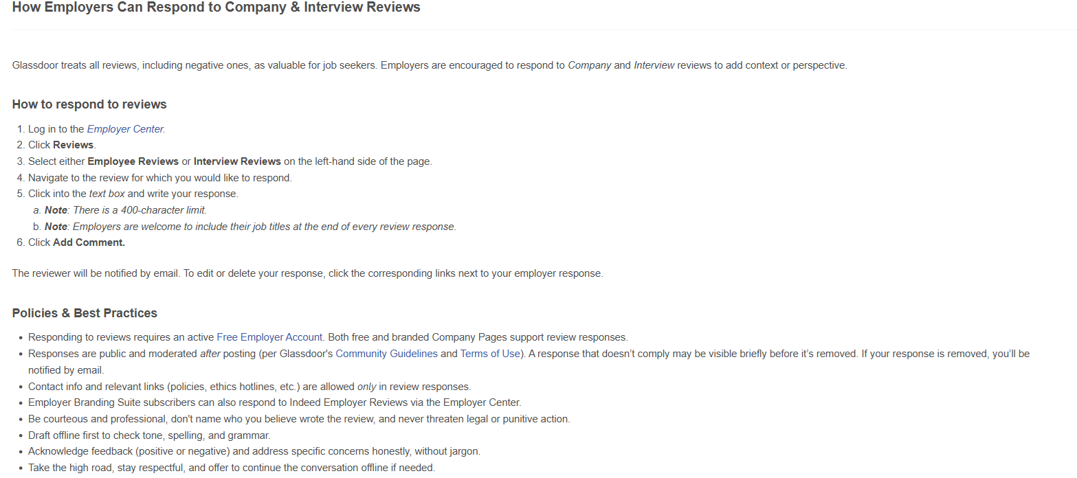 Glassdoor's help centre article on employer responses, showing the six steps in the Employer Center and the note that responses are capped at 400 characters