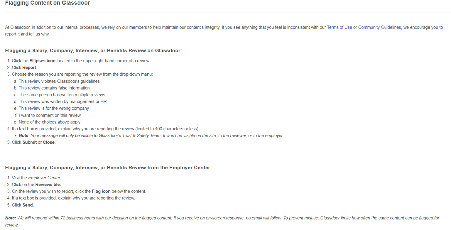 Glassdoor's help centre article on flagging content, listing the seven report reasons in the on-site flow, the Employer Center flow, and the note that Glassdoor responds within 72 business hours