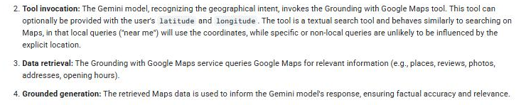 Gemini API documentation listing three steps of Grounding with Google Maps, the middle one headed "Data retrieval" and reading that the service queries Google Maps for relevant information such as places, reviews, photos, addresses and opening hours