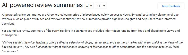 Google Places API documentation headed "AI-powered review summaries", describing them as AI-generated summaries of places based solely on user reviews, above an example summary of the Ferry Building in San Francisco written from what visitors said