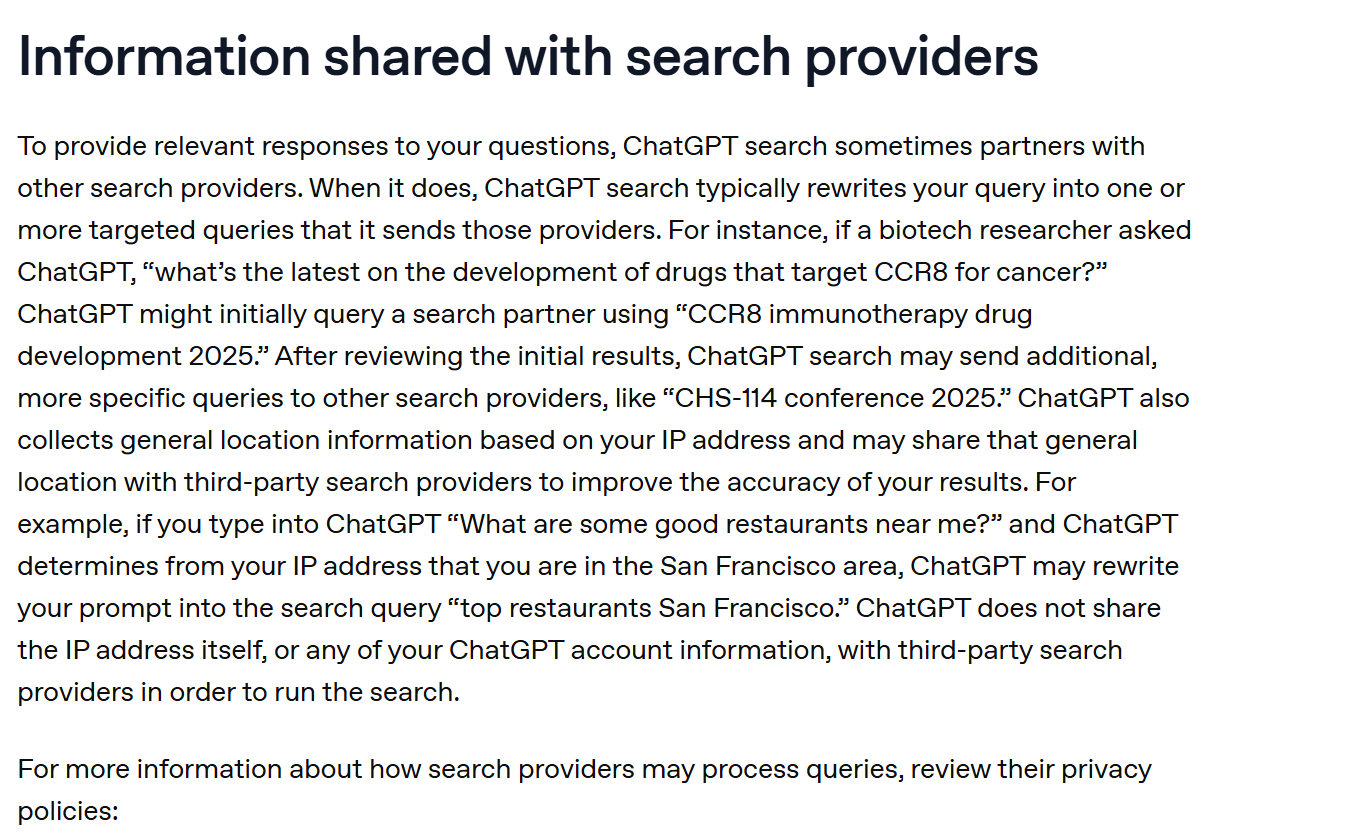 OpenAI help centre section headed "Information shared with search providers", explaining that ChatGPT rewrites a query before sending it to search partners, with the example of "What are some good restaurants near me?" becoming "top restaurants San Francisco" based on the user's IP address