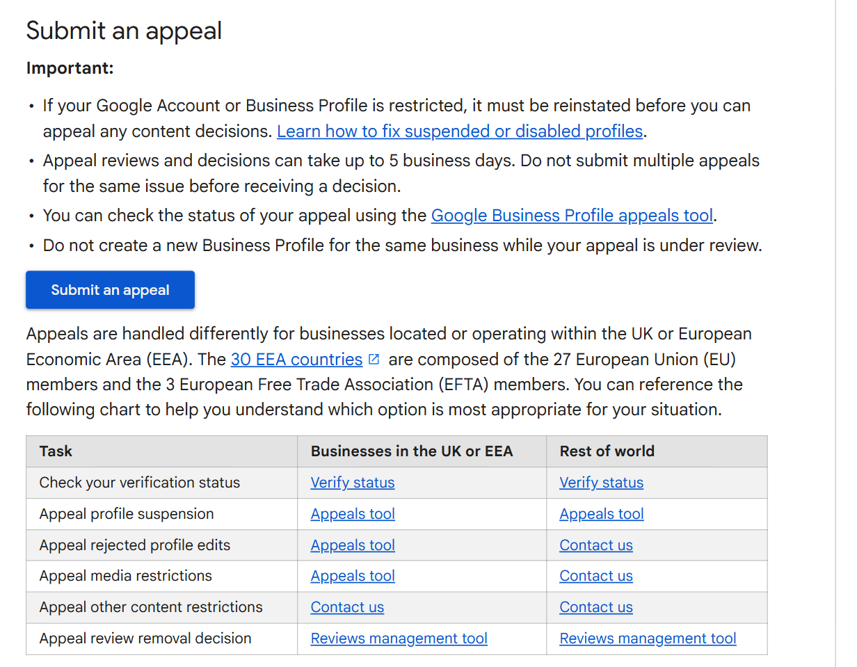 Google's appeals page showing that decisions take up to five business days and that duplicate appeals should not be filed, above a table routing rejected profile edits to the appeals tool in the UK and EEA and to Contact us for the rest of the world