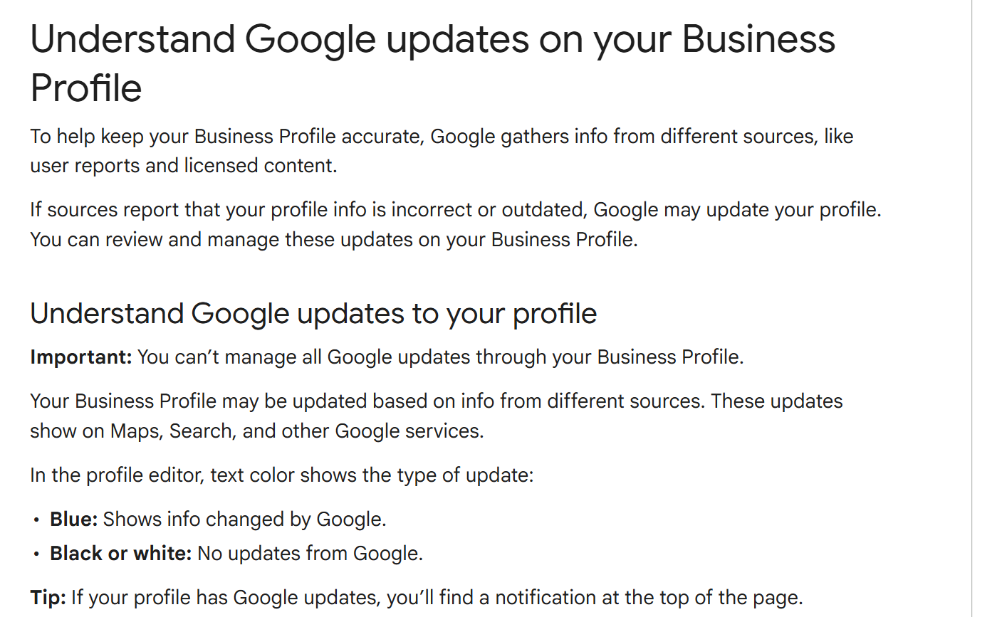 Google's help page explaining that in the profile editor blue text shows info changed by Google and black or white text means no updates from Google