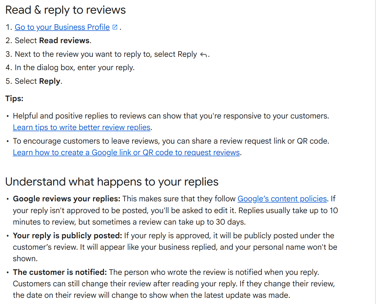 Google Business Profile help page listing the five steps to reply to a review and what happens after you post it
