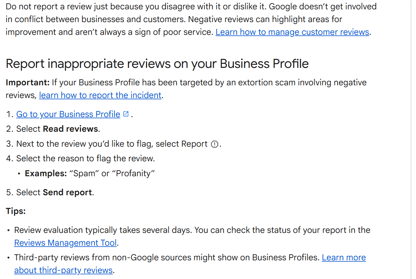 Google Business Profile help page showing the five steps to report a review and a note that evaluation takes several days