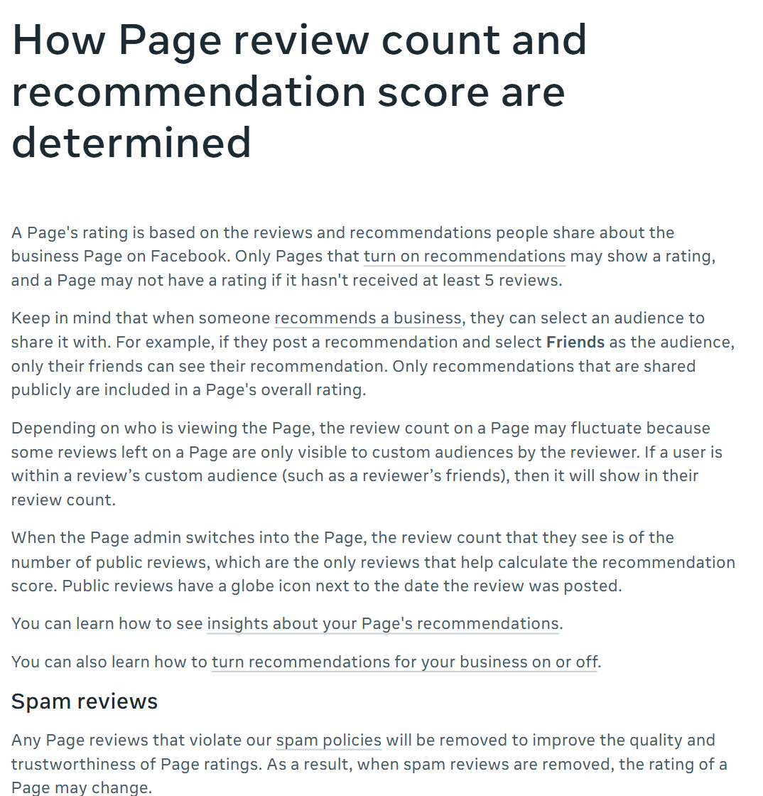 Meta Business Help Centre article titled "How Page review count and recommendation score are determined", stating that only Pages that turn on recommendations may show a rating, that a Page may not have a rating if it has not received at least 5 reviews, that only publicly shared recommendations are included in the rating, and that removing spam reviews can change a Page's rating