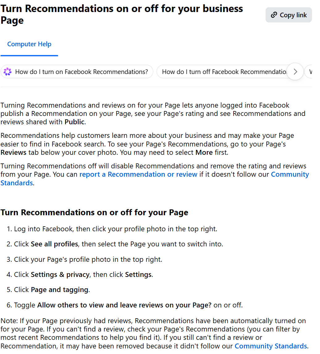 Facebook Help Centre article titled "Turn Recommendations on or off for your business Page", listing the six steps from clicking your profile photo through to toggling "Allow others to view and leave reviews on your Page?", with a note that Pages which previously had reviews had Recommendations turned on automatically
