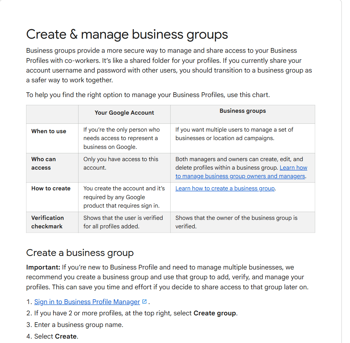 Google's help page for business groups, showing a chart comparing a personal Google Account with a business group and the four steps to create one