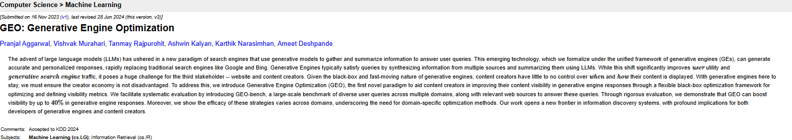 arXiv listing page for the paper GEO: Generative Engine Optimization, showing its six authors, a submission date of 16 November 2023, the full abstract introducing generative engine optimization and reporting that GEO can boost visibility by up to 40% in generative engine responses, and a comments line reading "Accepted to KDD 2024"