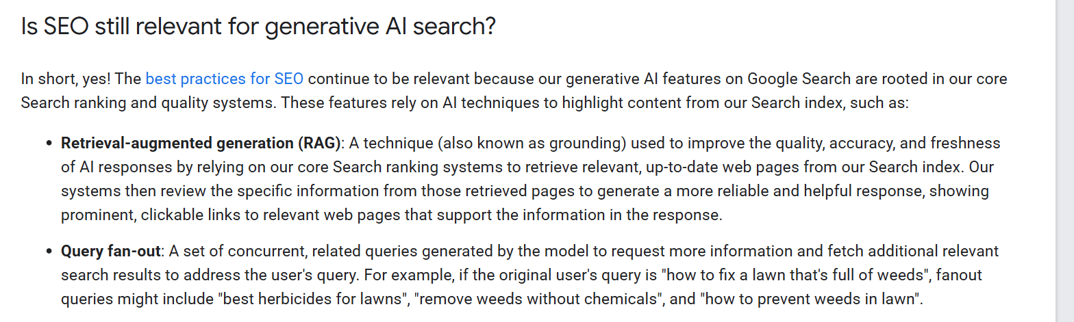 Google Search Central's generative AI guide defining retrieval-augmented generation and query fan-out, with Google's example that the query "how to fix a lawn that's full of weeds" fans out into "best herbicides for lawns", "remove weeds without chemicals" and "how to prevent weeds in lawn"
