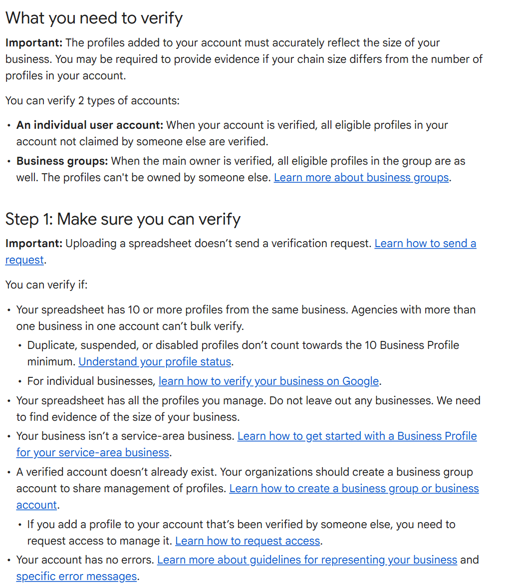 Google's bulk verification page listing the two account types that can be verified and the conditions for bulk verification, including a minimum of 10 profiles from the same business