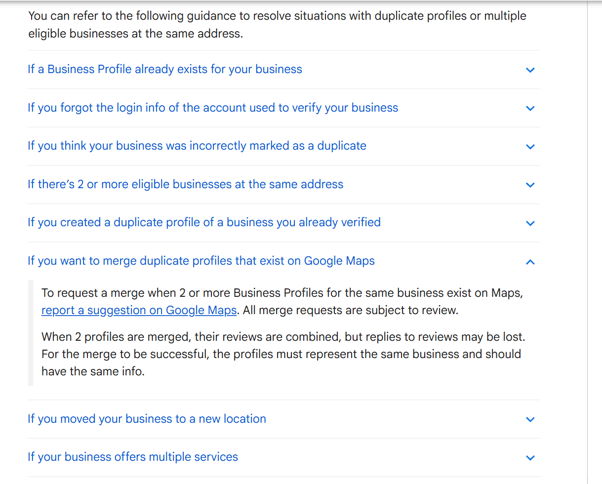 Google Business Profile Help listing the duplicate and ownership situations it covers, with the merge section expanded on the line that reviews are combined but replies to reviews may be lost