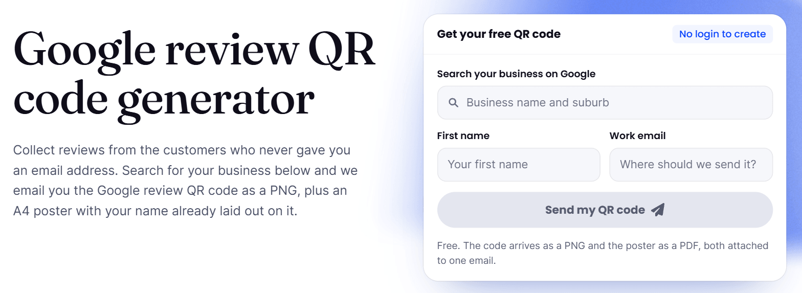 The Cloutly Google review QR code generator page, with a search box for a business name and suburb and a short form that emails the code as a PNG and an A4 poster as a PDF