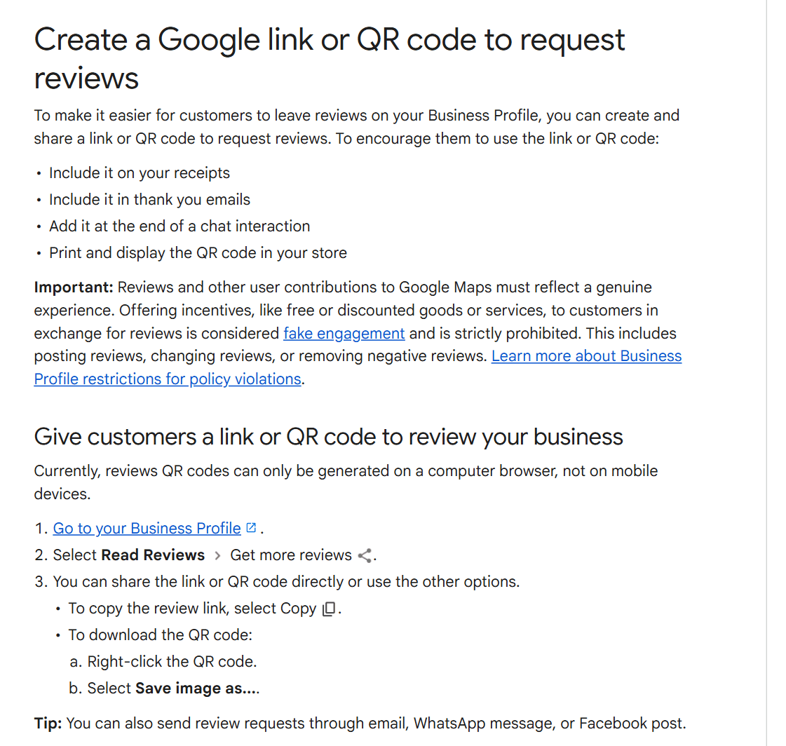 Google Business Profile Help page headed Create a Google link or QR code to request reviews, listing four places to use the link and the three steps to create it, ending with Copy the review link or right-click the QR code to save it