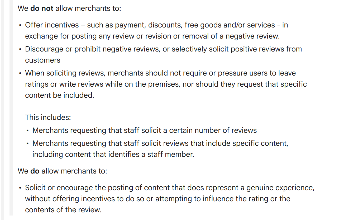 Google's rating manipulation policy listing what merchants may not do: offer incentives in exchange for reviews, discourage negative reviews or selectively solicit positive ones, or pressure customers on the premises, including asking staff for a set number of reviews