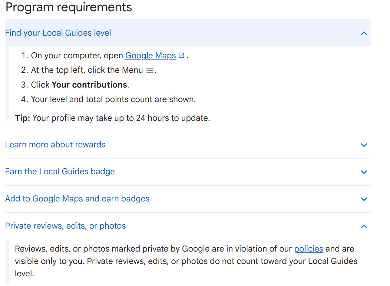 Google Maps help page with two sections open: the steps to find your own reviews under Your contributions, and a note that reviews, edits or photos marked private by Google are in violation of its policies and visible only to you