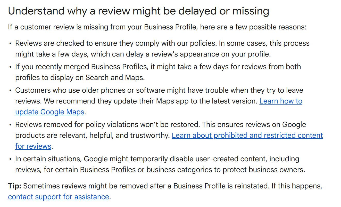 Google's help page listing why a review might be delayed or missing, including that reviews are checked against its policies before they appear