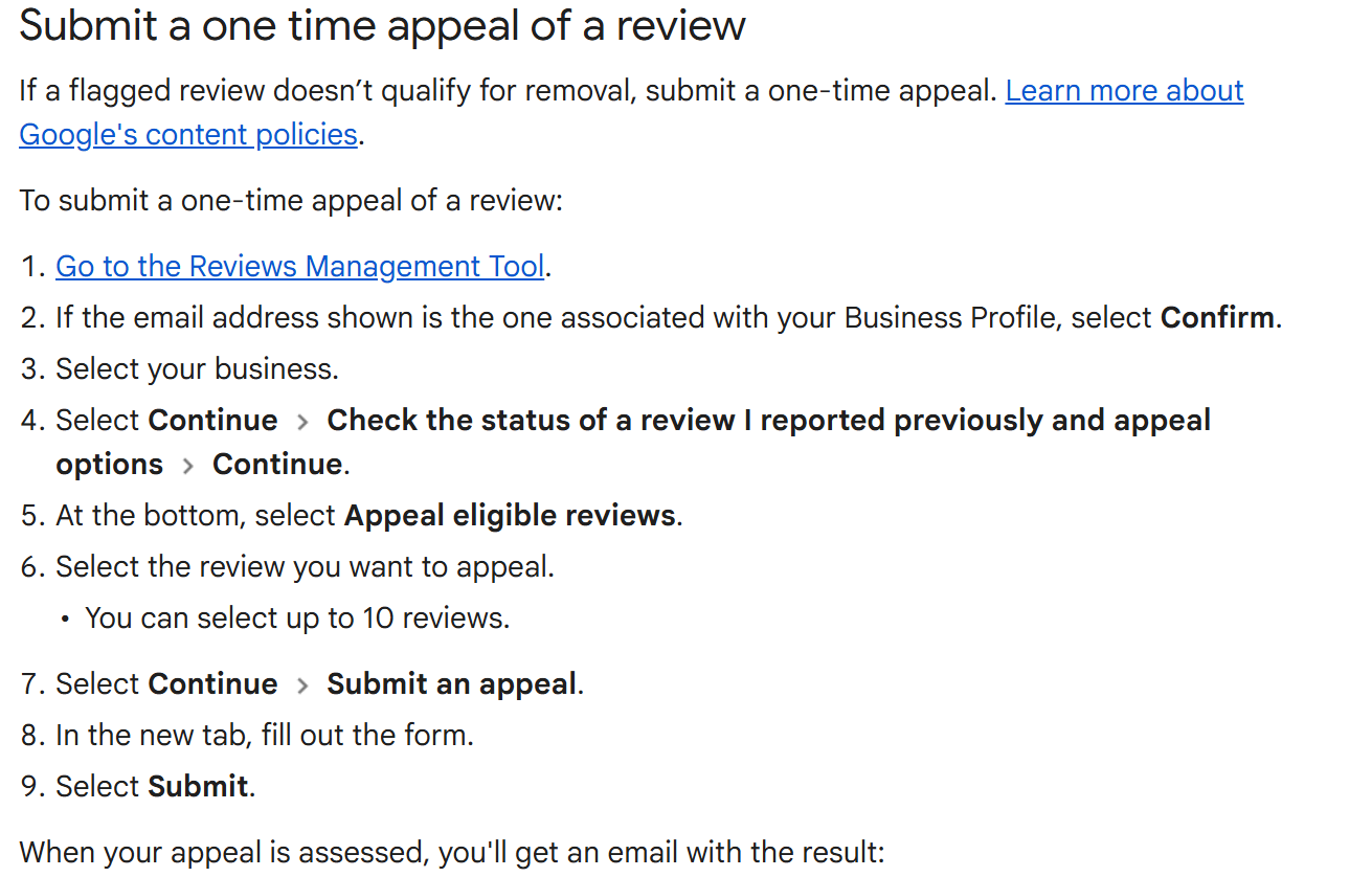 Google help page listing the nine steps to submit a one-time appeal of a review, including selecting Appeal eligible reviews at the bottom of the tool and a limit of ten reviews per appeal