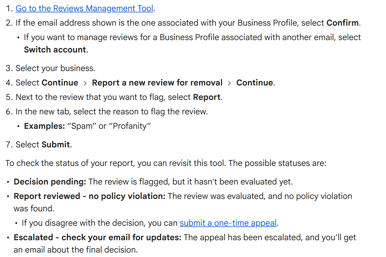 Google help page showing the seven steps to report a review through the Reviews Management Tool, followed by the three statuses a report can show: decision pending, report reviewed with no policy violation, and escalated with an email to follow