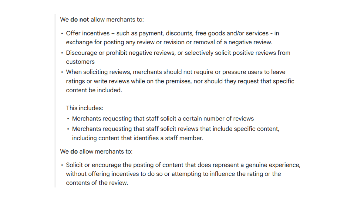 Google's list of what merchants may not do when asking for reviews, followed by the single thing they may do, solicit content that represents a genuine experience