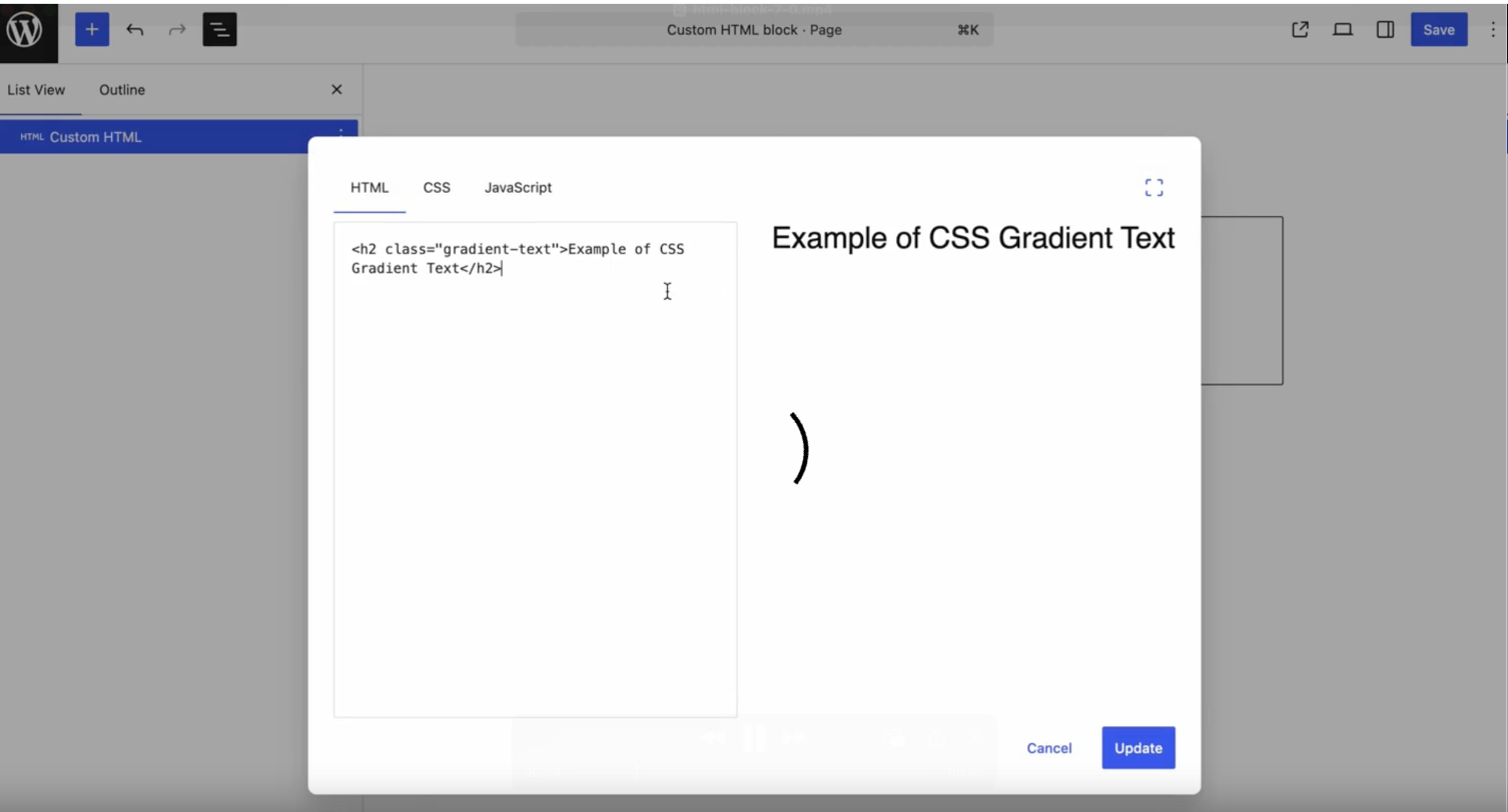 The WordPress block editor with a Custom HTML block selected and its editing modal open, showing HTML, CSS and JavaScript tabs, a code pane on the left and a live preview on the right