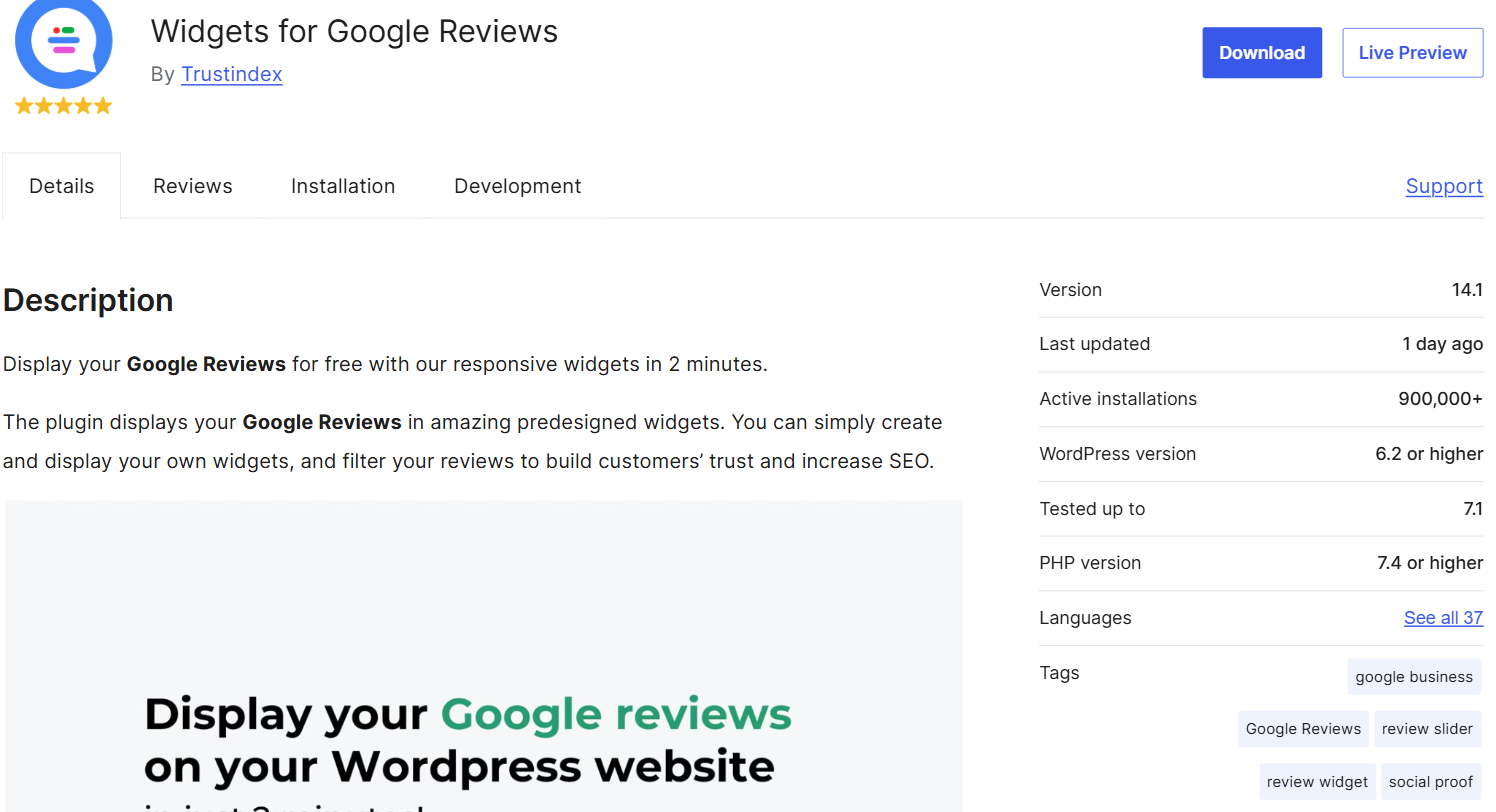 The wordpress.org listing for Widgets for Google Reviews by Trustindex, its sidebar showing version 14.1, last updated 1 day ago, 900,000+ active installations, tested up to 7.1 and PHP 7.4 or higher