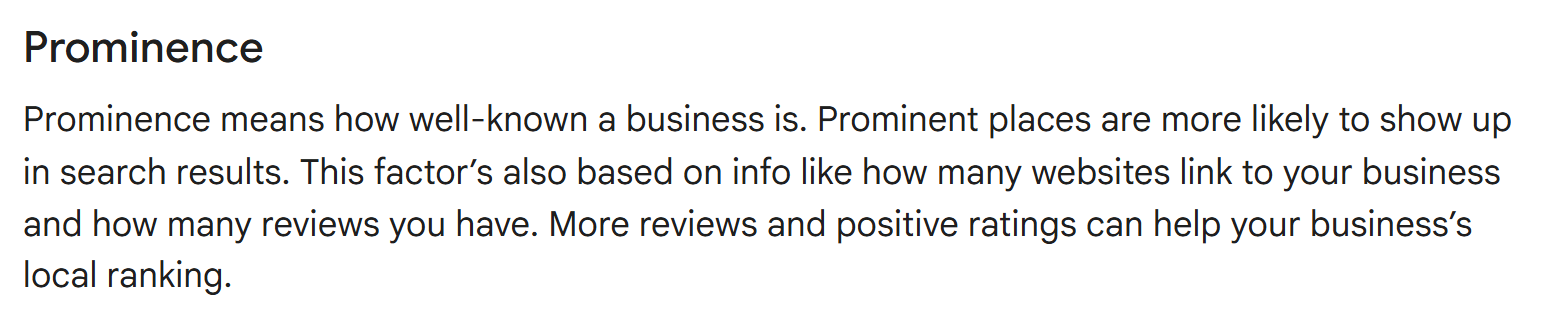 The Prominence section of Google's local ranking help page, reading that prominence means how well-known a business is and that more reviews and positive ratings can help a business's local ranking