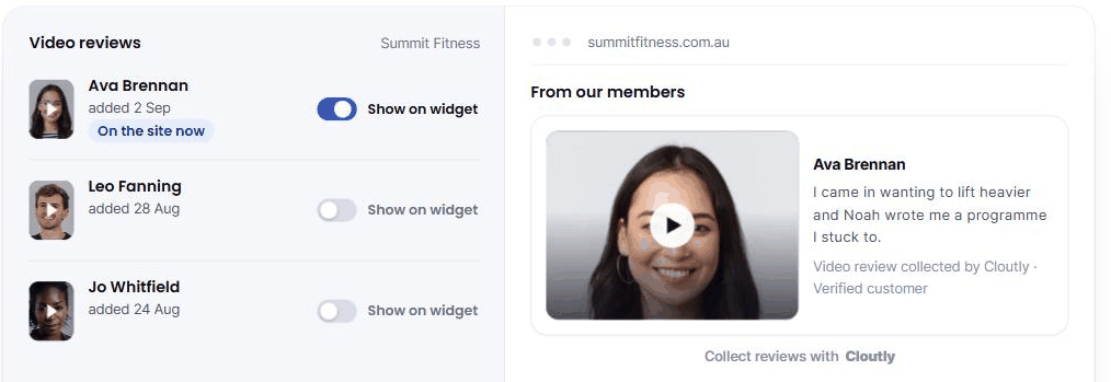 Two panels. On the left a Video reviews list for a fictional gym with three customers, the first switched on and chipped On the site now. On the right the gym's website showing that customer's video testimonial playing under the heading From our members