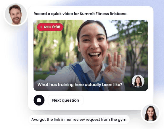 A phone recording screen headed "Record a quick video for Summit Fitness Brisbane", with a red REC 0:38 pill, the question "What has training here actually been like?" across the bottom of the camera preview, and a Next question button underneath