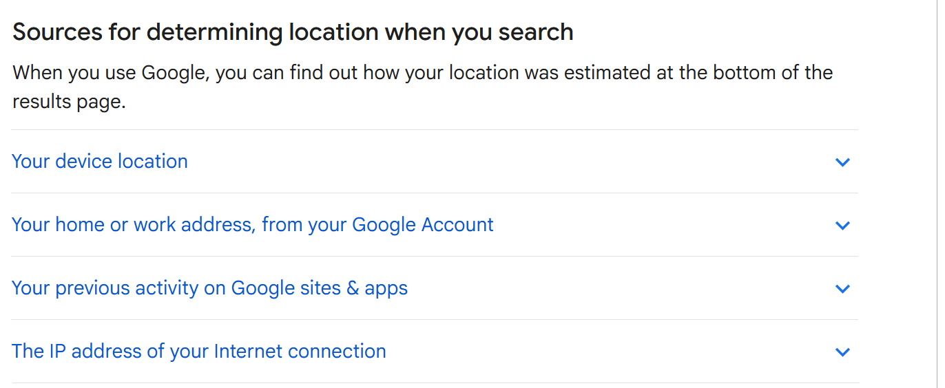 Google Search help page section headed "Sources for determining location when you search", listing four sources: your device location, your home or work address from your Google Account, your previous activity on Google sites and apps, and the IP address of your internet connection
