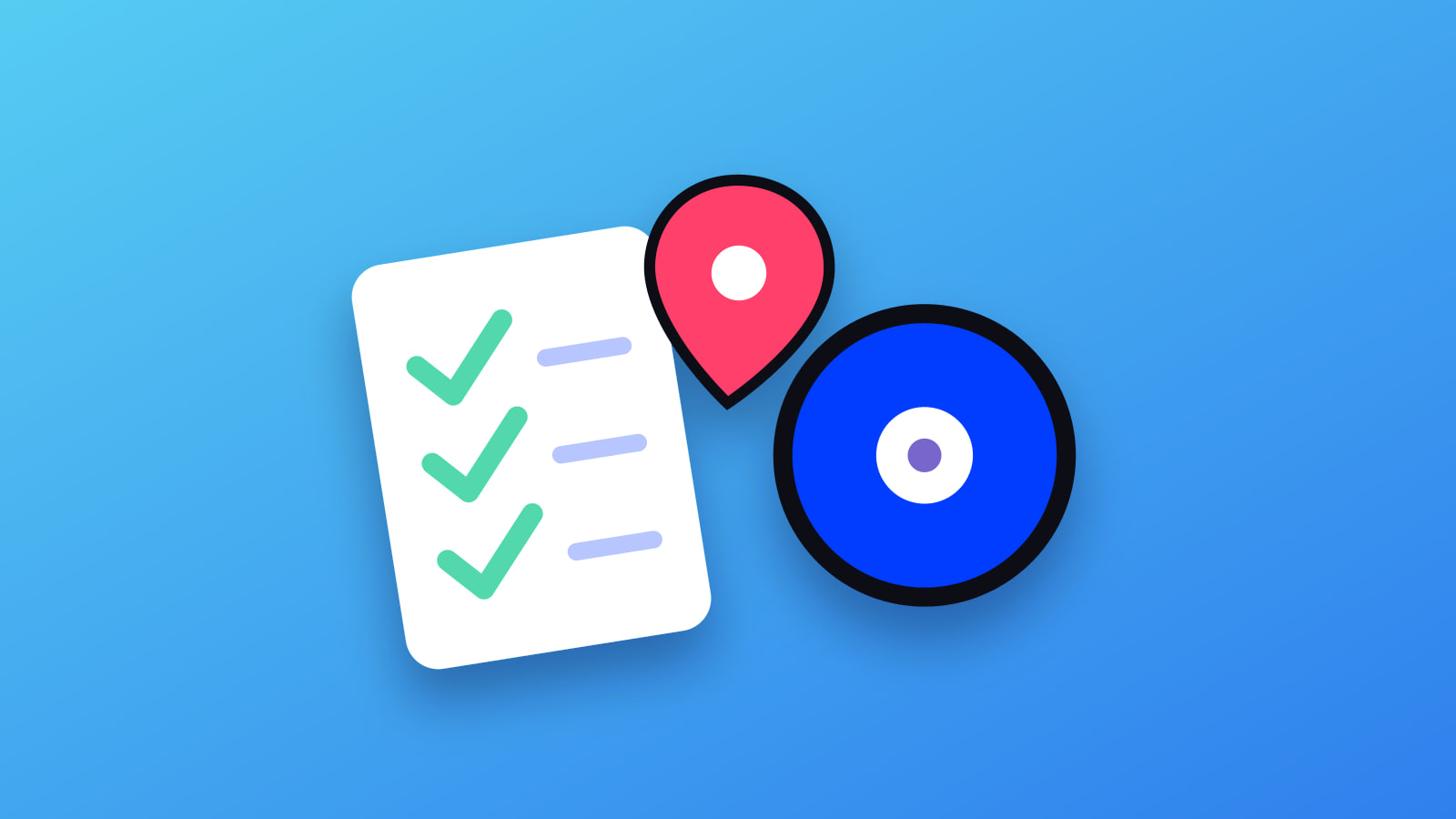 Illustrated checklist, search orb and map pin