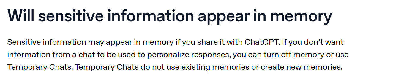 OpenAI Memory FAQ section headed "Will sensitive information appear in memory", explaining that you can turn off memory or use Temporary Chats, and that Temporary Chats do not use existing memories or create new memories