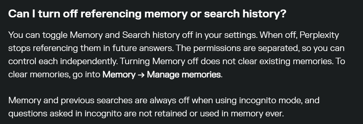 Perplexity help centre section headed "Can I turn off referencing memory or search history?", ending with the line that memory and previous searches are always off in incognito mode and questions asked in incognito are never retained or used in memory
