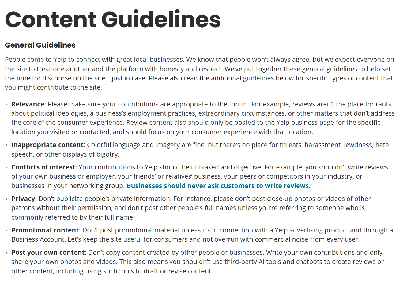 Yelp's Content Guidelines page, with the sentence "Businesses should never ask customers to write reviews" highlighted under the conflicts of interest guideline