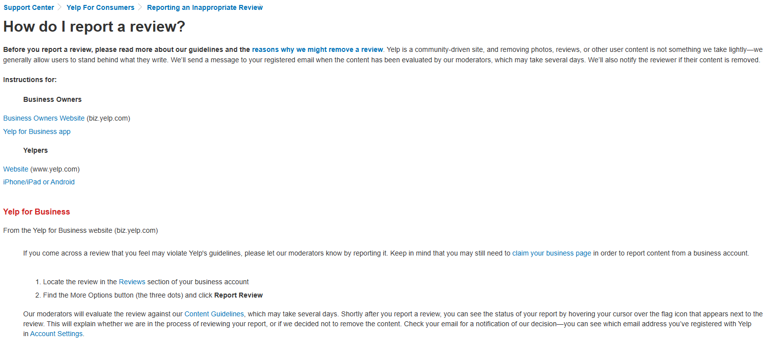 Yelp's support article "How do I report a review?", showing the Yelp for Business steps: find the review in the Reviews section, open More Options and click Report Review, then check the flag icon and your email for the decision