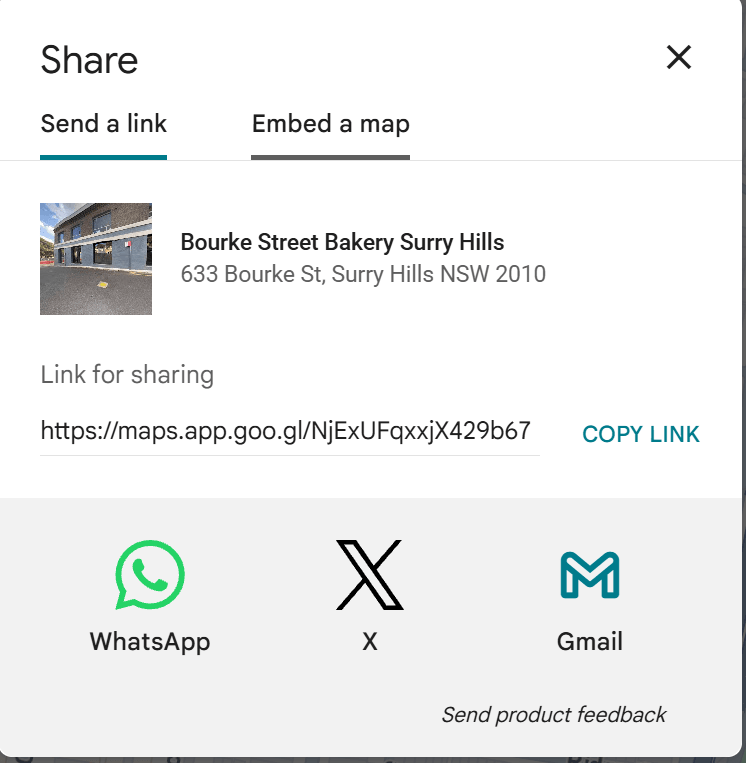 The Google Maps Share panel on a bakery's listing, showing two tabs, Send a link and Embed a map, with a short sharing link and buttons for WhatsApp, X and Gmail
