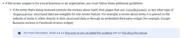 Google's review snippet guidelines stating that pages where the reviewed entity controls the reviews about itself are ineligible for the star review feature, including reviews added through an embedded third-party widget