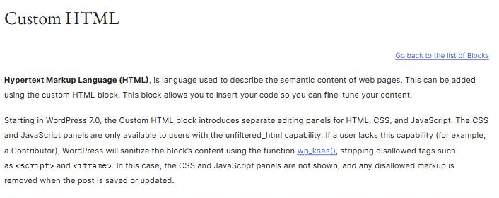 The WordPress documentation page for the Custom HTML block, explaining that from WordPress 7.0 the CSS and JavaScript panels are only available to users with the unfiltered_html capability and that other users have script and iframe tags stripped on save
