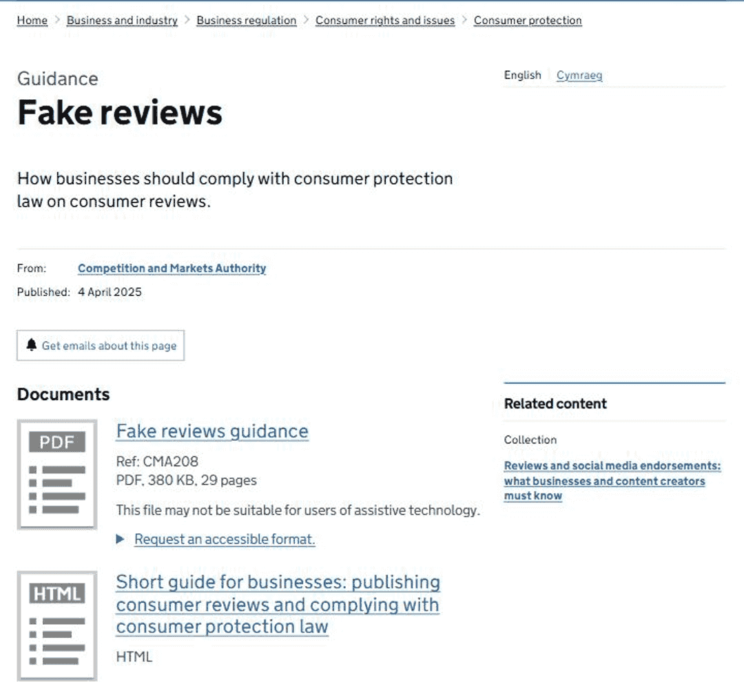 The GOV.UK page for the CMA's fake reviews guidance, showing the Competition and Markets Authority as the source, a published date of 4 April 2025 and the document reference CMA208