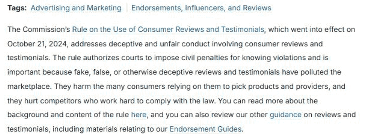 The introduction to the FTC's Consumer Reviews and Testimonials Rule guidance, stating the rule went into effect on October 21, 2024 and authorises courts to impose civil penalties for knowing violations