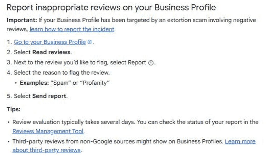 Google's five-step instructions for reporting a review, from Go to your Business Profile through Send report, with a tip saying review evaluation typically takes several days