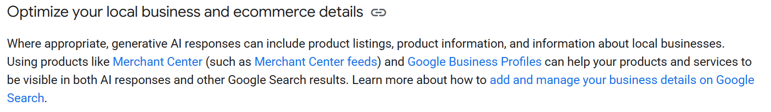 Section of Google's generative AI guide headed "Optimize your local business and ecommerce details", stating that generative AI responses can include information about local businesses and that Merchant Center and Google Business Profiles can help make products and services visible in AI responses