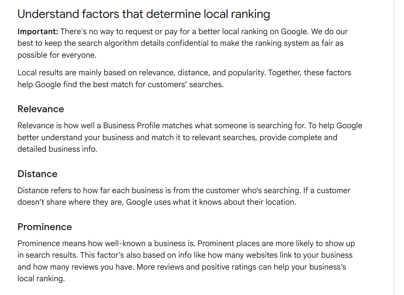 Google Business Profile Help page headed "Understand factors that determine local ranking", with sections for Relevance, Distance and Prominence, and a note that there is no way to request or pay for a better local ranking
